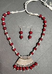 Tibetan silver &amp; red Pendant Necklace &amp; Earrings J