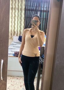 Sleek Nude Wrap Collar Top with DD Buckle Detail