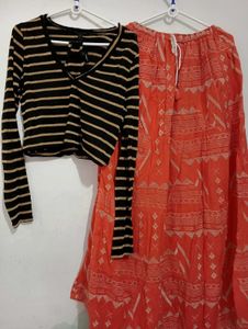 Black full sleeve Bodycon Top & Orange long Skirt