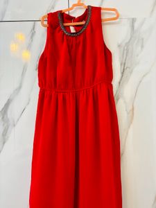 Red Dress Embellished Neckline