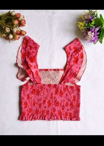 Pink Floral Ruffle Smocked Crop Top