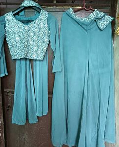 Teal Embroidered Crop Top & Palazzo Set