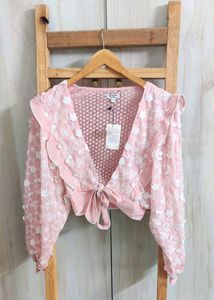 Pink Floral Lace Tie-Front Top Size-32