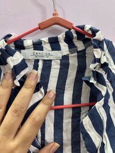 Blue Lined Crop Shirt Style Top