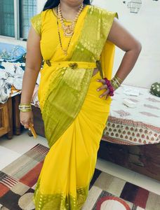 Yellow Green Dual Colour Saree With Stitch Blouse