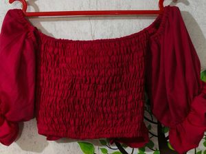 More Reddish Pink  Puff Sleeve Crop Top