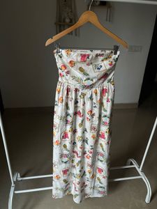 Tropical Fruit  Print Strapless Cotton Midi Dress
