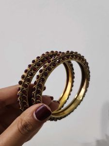 Red Studded Gold Plated Bangle [Set Of 2]