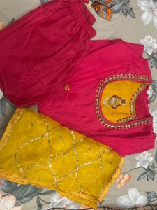 Pink &amp; Yellow Kurta Set With Hand Work
