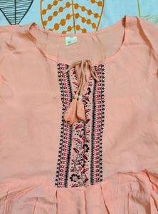 Peach Printed Tie Neck Dress