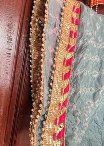 Embroidered Blue Bandani duppata with pink border