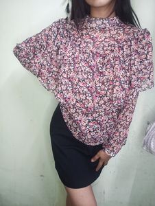 Red Floral Print Front Gathered Shirt