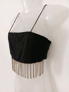 Stylish Black Fringe Crop Top