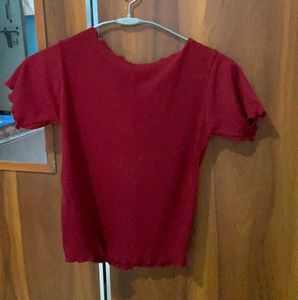 Burgundy Ruffle Trim Crop Top