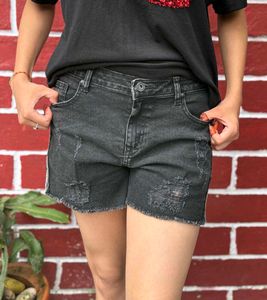 Distressed Black Denim Shorts