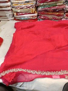 Red Saree with Silver Border