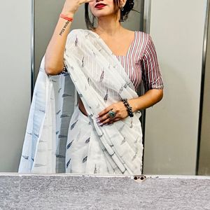 Elegant White Printed Saree Ready To Wear