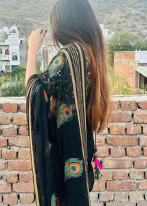 Elegant Black Peacock Print Saree (only Sare )