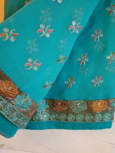 Teal Embroidered Saree Without blouse