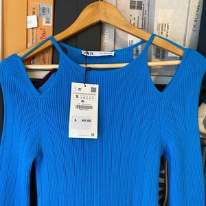 New Zara Cut Out Knit Electric Blue Midi