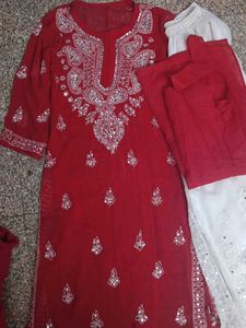 Red Embroidered Kurta Set
