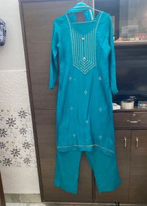 Teal Embroidered Kurta Set Handstiched
