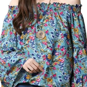 Bell Sleeves Printed Women's Blue Top