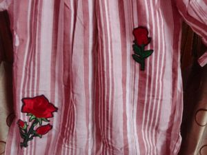 Casual Striped Top With Rose Work