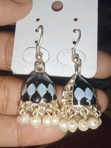 Navy Blue With White Pearl Jhumka Earrings