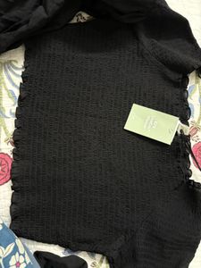Black Smocked Top with Puff Sleeves XL size