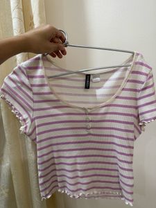 Striped Lace Crop Top with Buttons