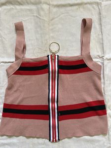 Striped Zip-Front Crop Tank Top