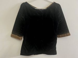 Gold  Skirt And Black Embellished Velvet Top