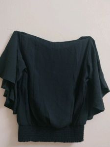 Women L Size Round Neck Black Top With Flared Sleeves