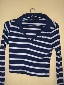 Stripped Print, Polo Collar Crop Tee