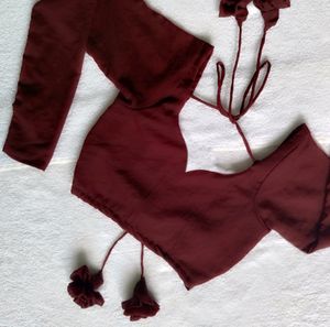 Wine Colour Sweetheart Neck Backless Blouse