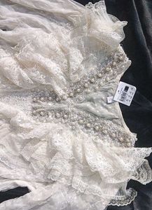 Heavy Industry Beaded Rufle Lace Spring V-neck Top