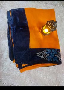Orange Saree 🥻 And Navy Blue Blouse