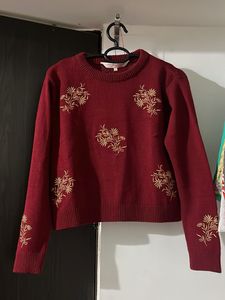 Embroidered Maroon Knit Sweater
