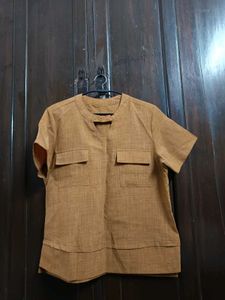 Chic Mustard/Brown Textured Tunic Top with Notch N