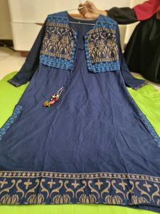 Navy Blue Kurti With Printed Koti