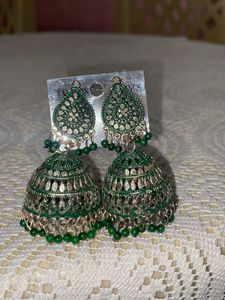 Vintage Green Silver Oxidized Jhumkas