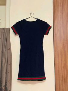 Navy Blue Knitted Mini Dress with Green&amp;Red Stripe