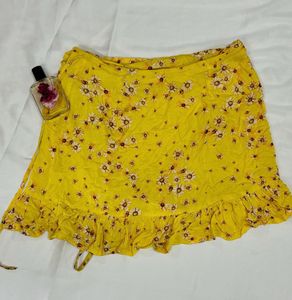 Yellow Floral Print Wrap Skirt