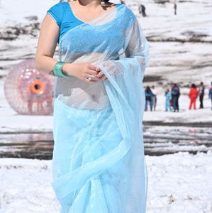 Net Saree With Blouse Stitched