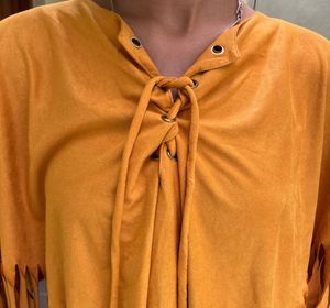 Fringed Mustard Tie-Up Top
