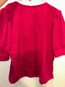 Red Puff Sleeve Button-Up Top