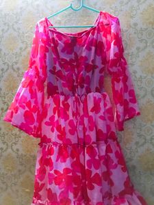 Pink Flowery Flared Below Knee Dress