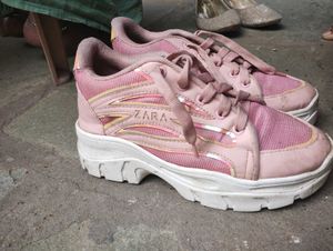 Pink And White Casual Sneakers With Slight Heels