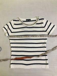 Striped Tee with Pearl Detail Bust 36